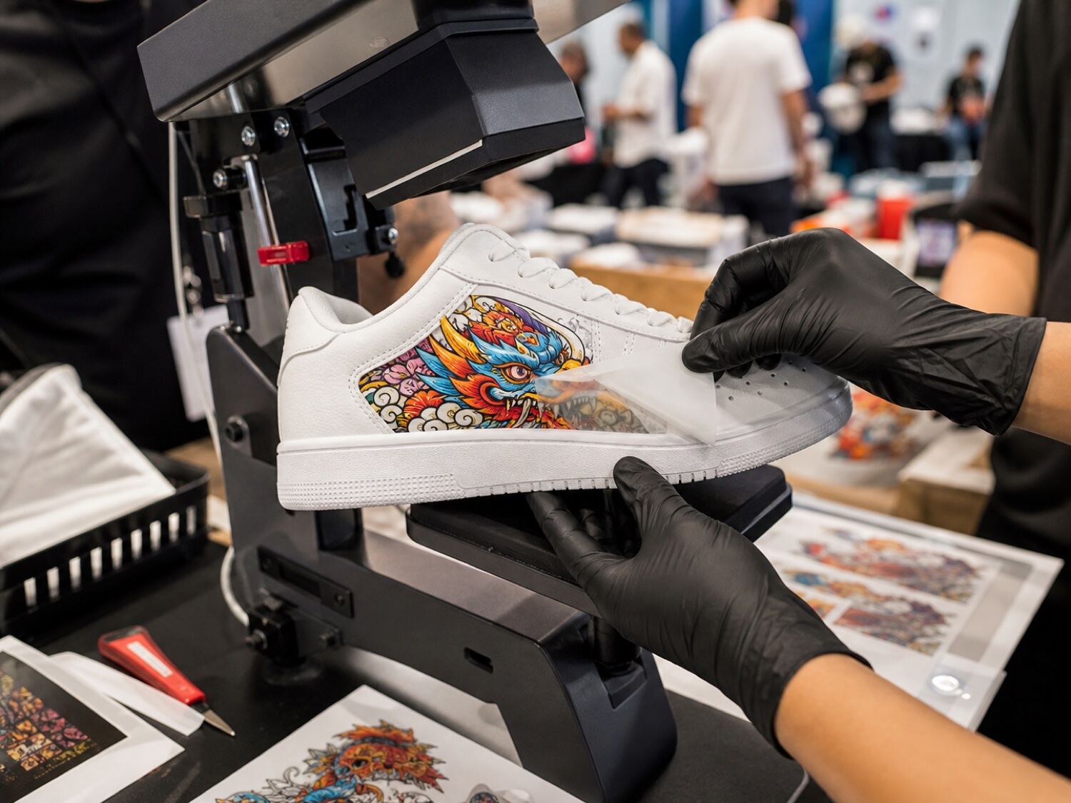 DTF transfer applied to a canvas sneaker at a live customization event